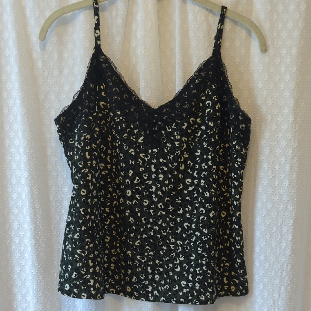 Sanctuary Dark Green Leopard Print Lace Trimmed Cami Tank Women's Small